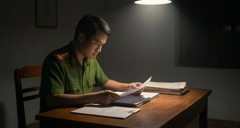 Viên cảnh sát đang xem xét kỹ lưỡng các tài liệu trên bàn làm việc trong một không gian tối tăm và căng thẳng
