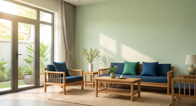 Không gian phòng khách trang trí bằng gam màu xanh lá và xanh biển hỗ trợ sinh khí cho người mệnh Mộc