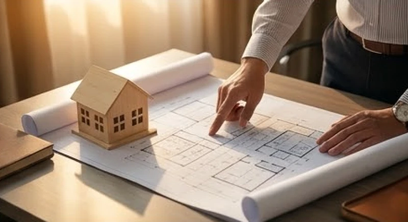 Mô hình kiến trúc và bản vẽ quy hoạch tượng trưng cho sự hợp tác bất động sản của tuổi Thân