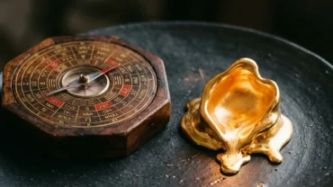 La bàn phong thủy và kim loại nóng chảy tượng trưng cho mệnh Bạch Lạp Kim của người tuổi canh thìn năm 2000