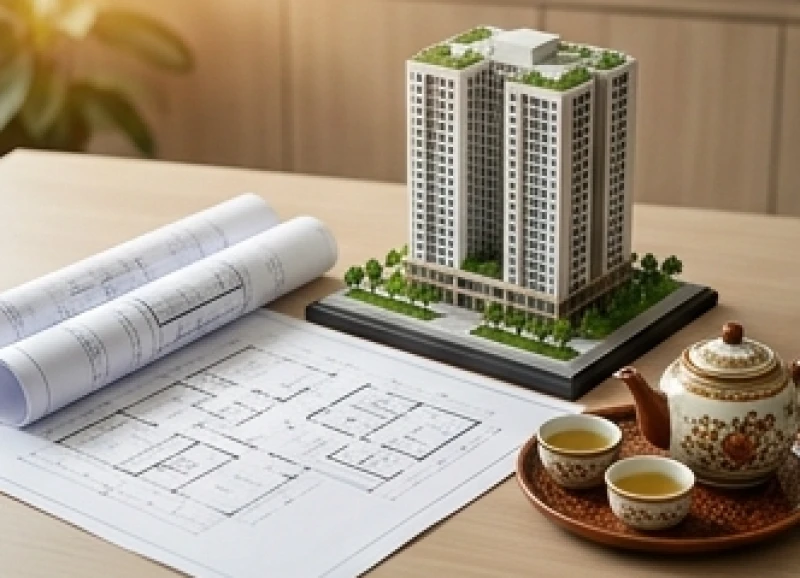 Bản vẽ hạ tầng và mô hình đầu tư bất động sản đặt cạnh bộ ấm trà truyền thống