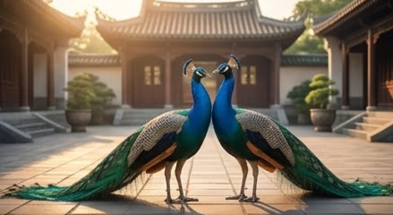Hai con chim công đứng quấn quýt bên nhau trong không gian sân vườn cổ kính yên bình