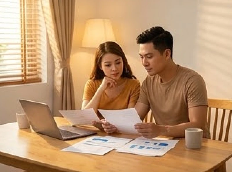 Hai vợ chồng trẻ đang nghiêm túc cùng nhau xem xét lại các khoản chi phí và kế hoạch tài chính trước khi cưới