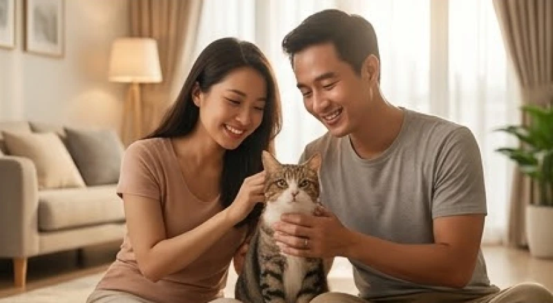 Mơ thấy tắm cho mèo: Giải mã tâm lý, điềm báo và con số tài lộc 3 Cặp đôi đang cùng nhau mỉm cười và chăm sóc chú mèo cưng trong phòng khách