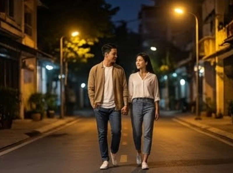 Cặp đôi thư giãn dạo bước cùng nhau dưới ánh đèn đường bình yên vào buổi tối