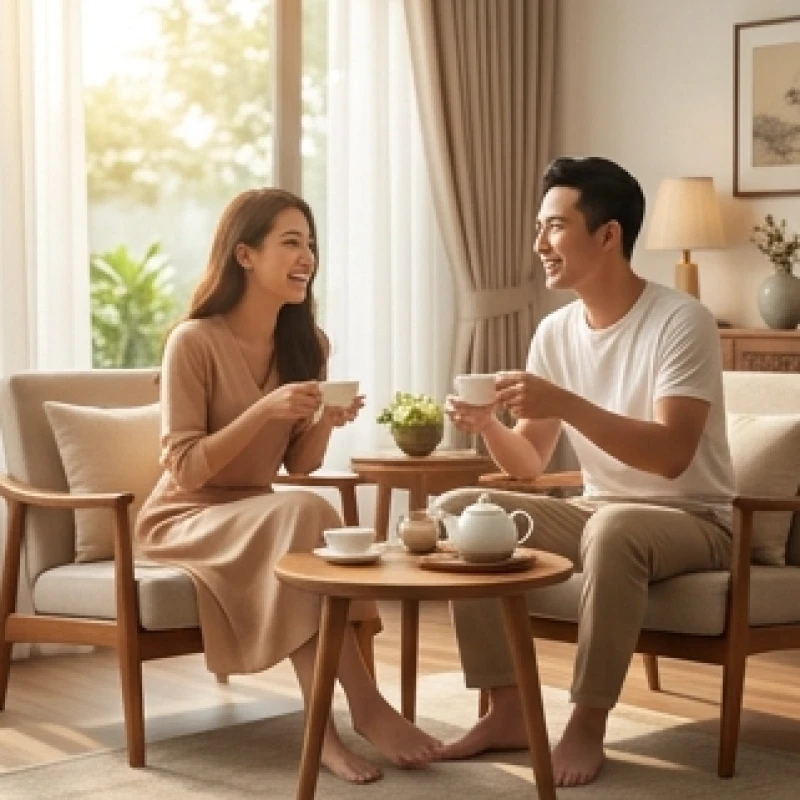 Tam hợp tuổi Mùi: Lọc đối tác Hợi - Mão theo bản mệnh ngũ hành 3 Một cặp đôi hạnh phúc đang thưởng thức trà chiều thể hiện sự hòa hợp của tam hợp tuổi mùi