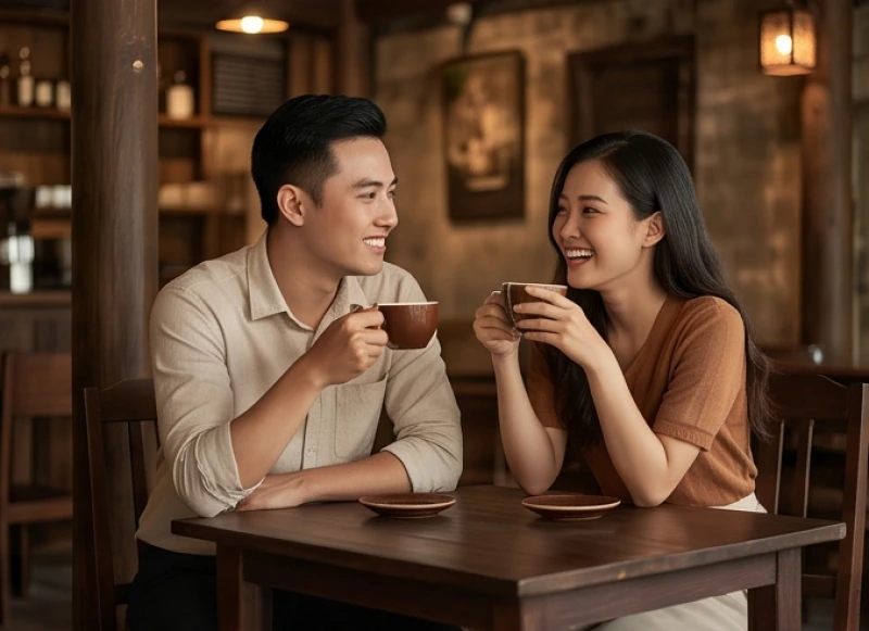 Đường tình duyên tuổi Ngọ: Mức độ hợp khắc và cách hóa giải 2 Nam nữ thanh niên ngồi uống cà phê trò chuyện vui vẻ trong không gian lãng mạn ấm cúng