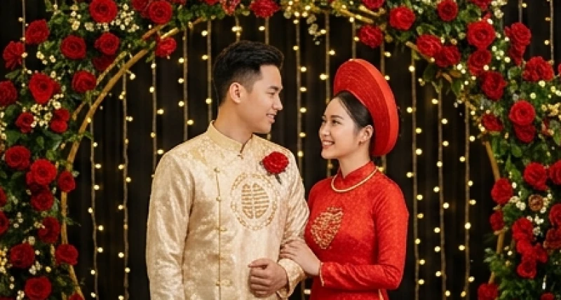 Cặp uyên ương tươi cười rạng rỡ trao nhau ánh mắt hạnh phúc trong không gian tiệc cưới ấm cúng