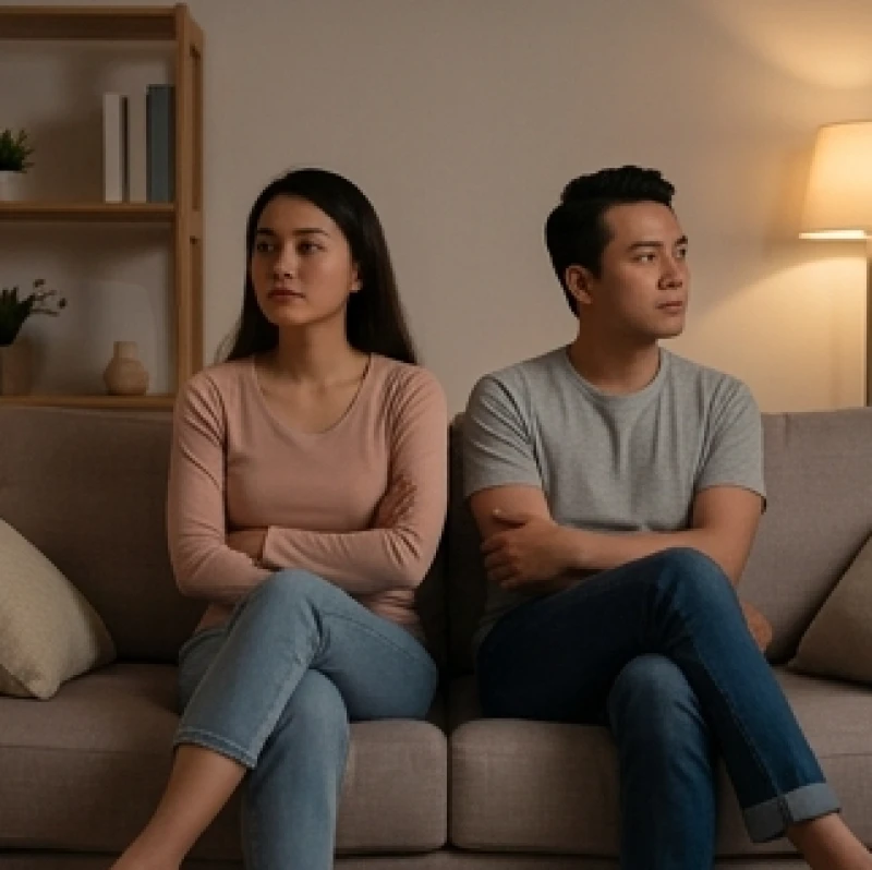 Hai người ngồi cạnh nhau nhưng mỗi người nhìn một hướng thể hiện sự thiếu kết nối trong tình yêu
