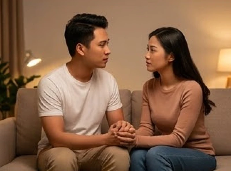 Chàng trai và cô gái đang nắm tay nhau trò chuyện chân thành để tháo gỡ mọi khúc mắc