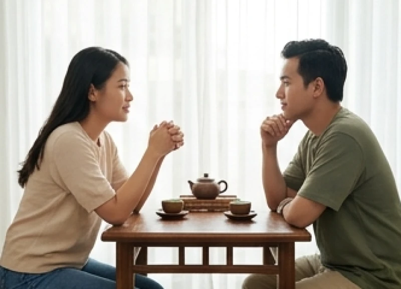 Tử vi tuổi Giáp Thân 2004 năm 2026: diễn biến 12 tháng chi tiết 4 Hai bạn trẻ ngồi trò chuyện nhẹ nhàng trong quán trà tĩnh lặng để giải quyết những bất đồng tình cảm