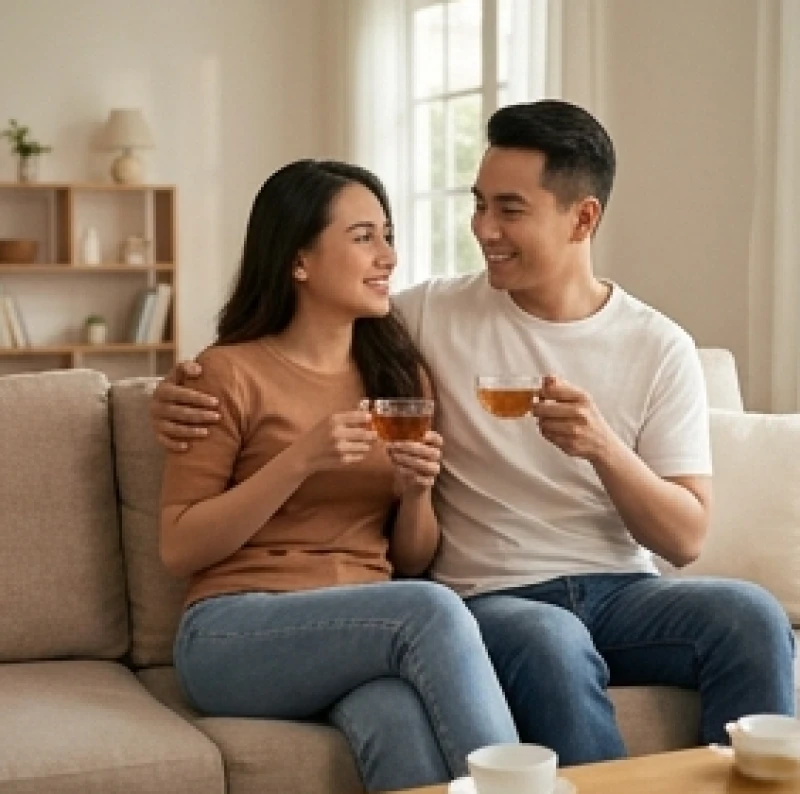 Hai vợ chồng ngồi uống trà và trò chuyện vui vẻ trong một không gian phòng khách ấm cúng