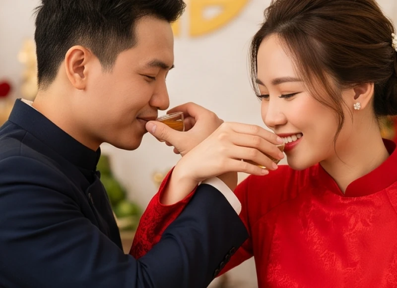 Cô dâu chú rể rạng rỡ thực hiện nghi thức uống rượu giao bôi trong ngày trọng đại