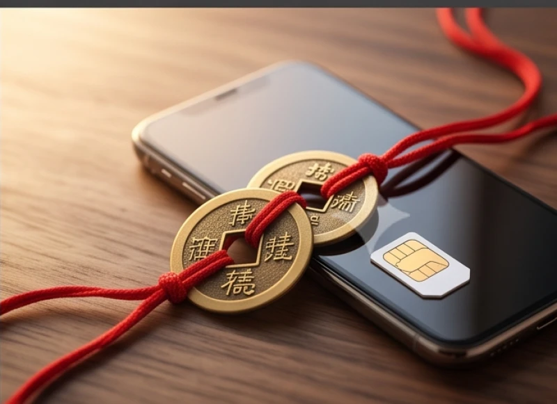 Sim phong thủy tuổi Mão: tự lọc số theo cung phi nam nữ 11 Hai đồng xu phong thủy xâu chuỗi đỏ đặt xen kẽ với thẻ sim trên mặt bàn