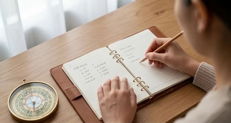 Bàn tay đang ghi chép các cặp số đại cát thuộc chòm sao Sinh Khí trên cuốn sổ phong thủy