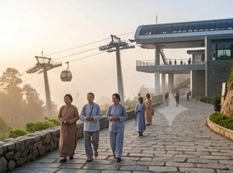 Dòng người mặc trang phục lịch sự chờ lên cáp treo hành hương trong tiết trời mát mẻ