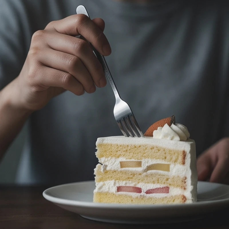 Mơ thấy ăn bánh ngọt: Điềm báo tình duyên & con số may mắn 2 Bàn tay dùng dĩa xắn một miếng bánh kem mềm mịn trong không gian tĩnh lặng