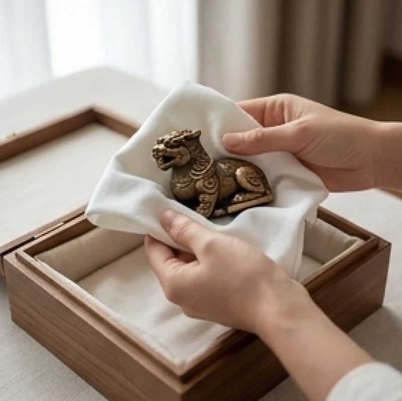 Bọc cẩn thận một bức tượng phong thủy bằng khăn mềm trước khi đặt vào hộp kín để cất giữ