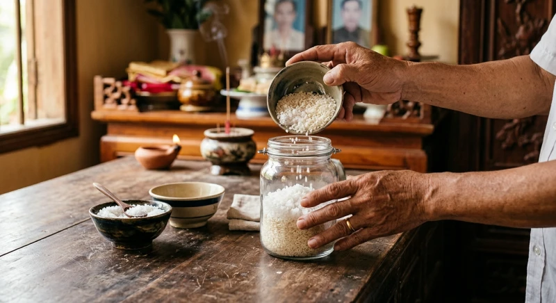 Hành động trút gạo và muối từ mâm cúng vào hũ thủy tinh để lưu giữ tài lộc cho cơ sở kinh doanh