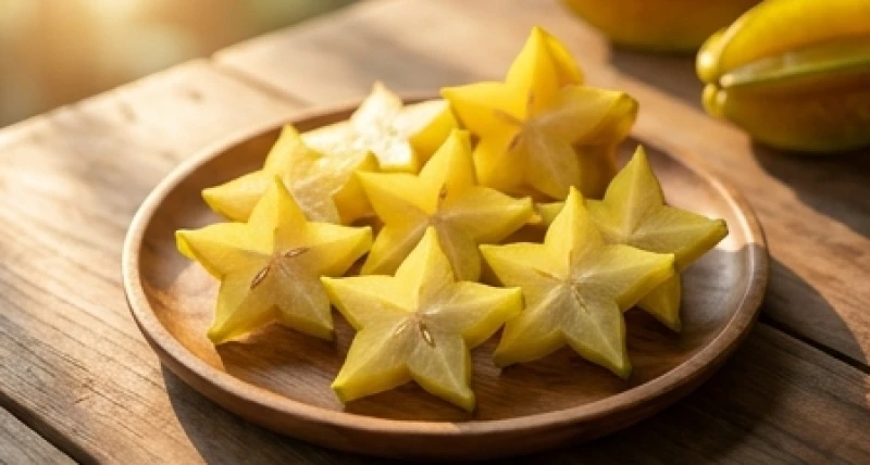 Mơ thấy cây khế: Phân biệt điềm báo chua ngọt và số tài lộc 4 Những lát khế chín vàng được cắt mỏng hình ngôi sao đặt trên đĩa gỗ mang ý nghĩa gia đạo êm ấm và hòa thuận