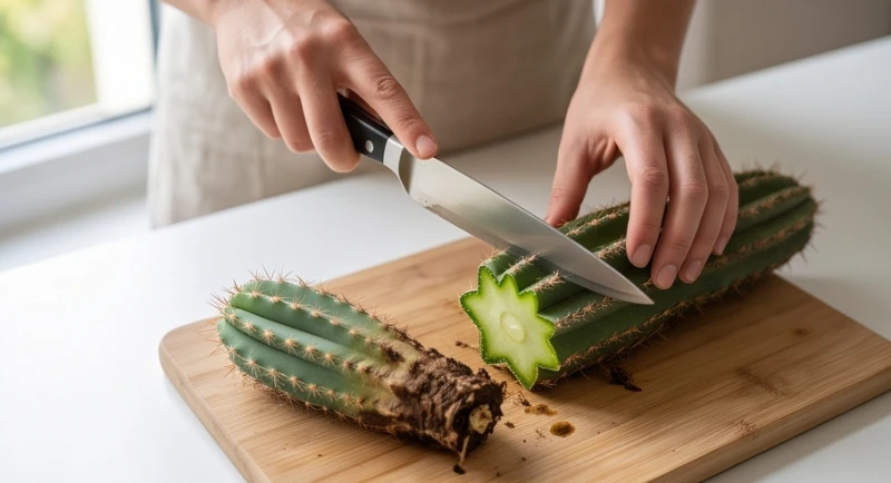 Cây xương rồng chết là điềm gì: Cách cứu cây và hóa giải 8 Dùng dao đã sát trùng cắt bỏ phần gốc thối nhũn để giữ lại phần ngọn xanh khỏe mạnh của cây xương rồng trụ