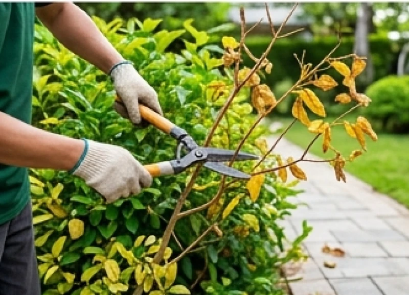 Dùng kéo chuyên dụng cắt bỏ các cành lá úa vàng rủ rượi che khuất lối đi