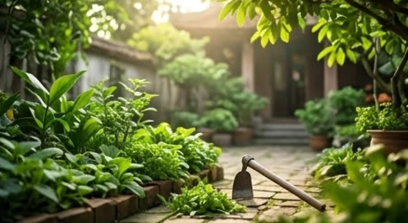 Một góc sân vườn gọn gàng sau khi được nhổ cỏ và dọn dẹp sạch sẽ những cành lá khô úa