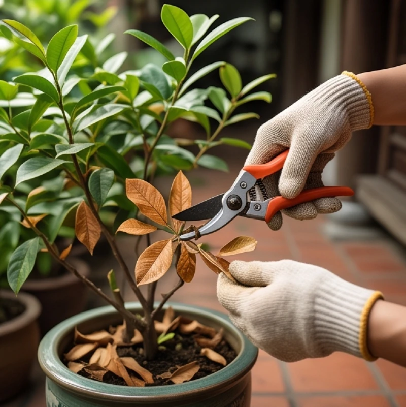 Đôi tay dùng kéo cẩn thận cắt bỏ những phần lá héo úa của chậu cây phong thủy