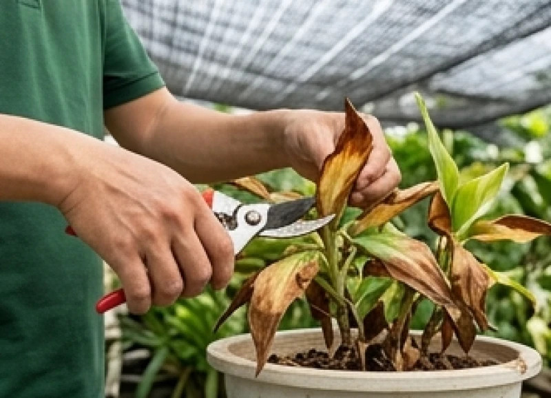 Bàn tay đang dùng kéo sạch cẩn thận cắt bỏ những phiến lá héo vàng giòn của chậu cây cảnh bị sốc nhiệt ngoài sân
