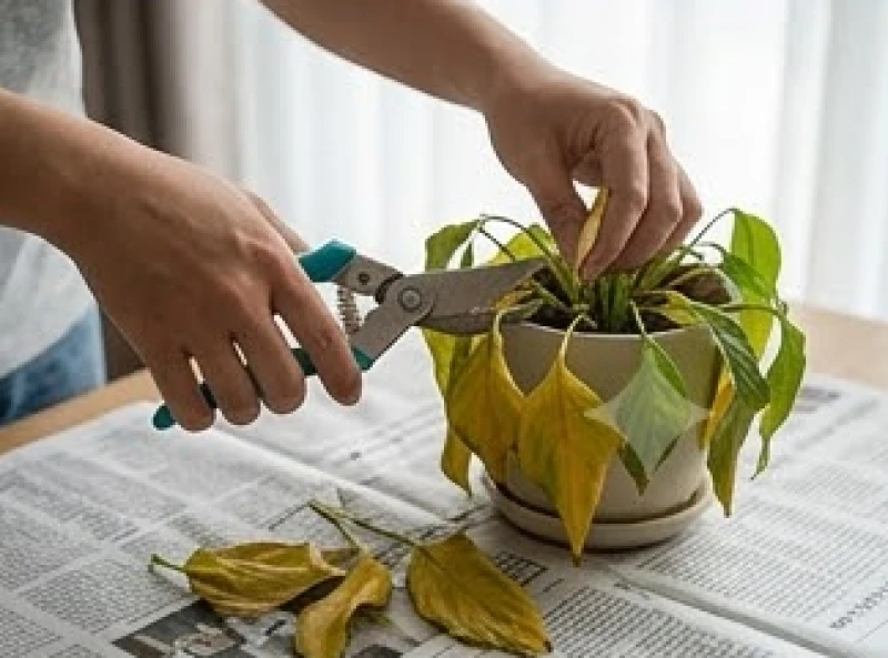 Cây héo lá đột ngột là điềm gì: Giải mã phong thủy và cách sơ cứu 11 Dùng chiếc kéo sạch cẩn thận cắt tỉa bỏ bớt những phần lá vàng úa để giảm áp lực cho bộ rễ