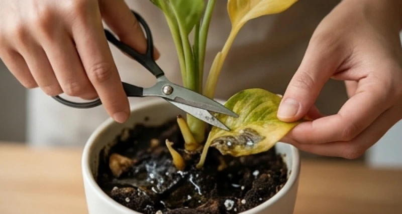 Dùng chiếc kéo nhỏ khéo léo cắt bỏ những phiến lá vàng úa và mềm nhũn do tưới dư nước