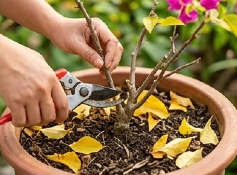 Đôi tay đang cẩn thận dùng kéo cắt tỉa những cành tăm và lá úa vàng trên một chậu cây cảnh ngoài sân
