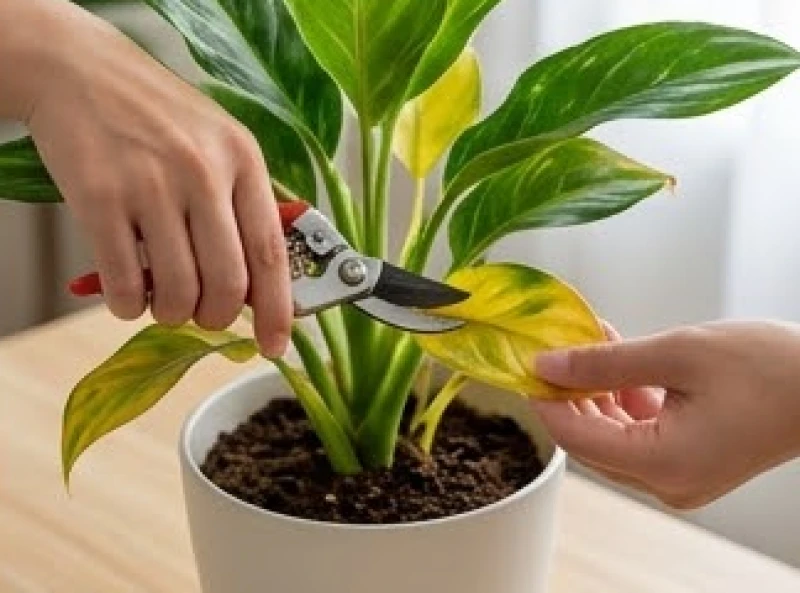 Sử dụng kéo chuyên dụng cắt bỏ phần lá vàng úa của cây phong thủy để ngăn chặn khí xấu