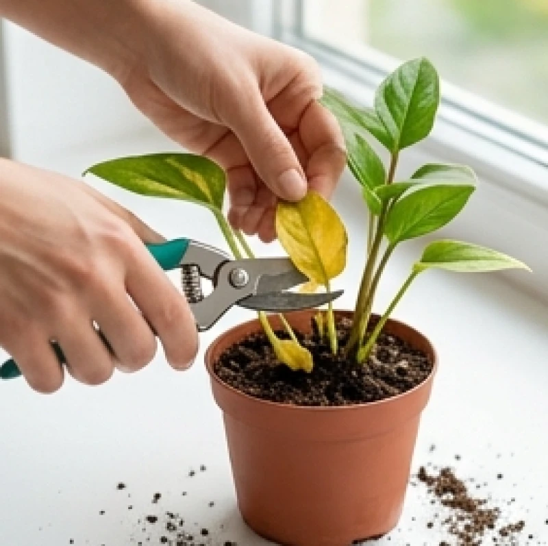 Dùng kéo sắc cắt bỏ gọn gàng phần mép lá vàng úa của chậu cây văn phòng để ngăn chặn nấm rễ lây lan