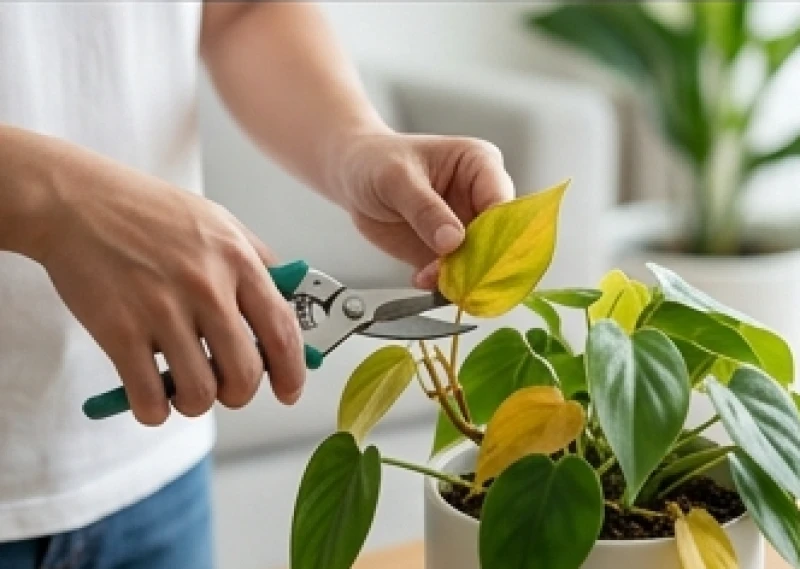 Thao tác dùng kéo sắc bấm bỏ cành lá úa vàng trên chậu cây để ngăn nấm bệnh và khôi phục năng lượng