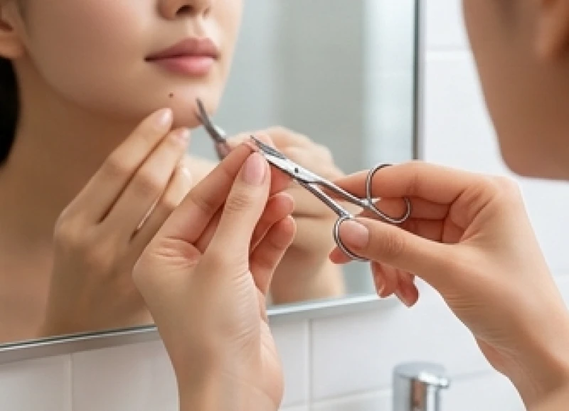 Nốt ruồi dưới cằm nữ: Ý nghĩa tướng số và tiêu chí giữ hay tẩy 6 Thao tác dùng kéo y tế nhỏ tỉa gọn sợi lông trên nốt ruồi dưới cằm để đảm bảo thẩm mỹ và phong thủy