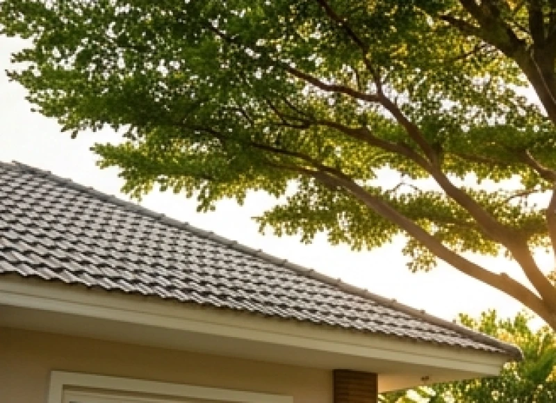 Cành nhánh của cây bóng mát được cắt tỉa gọn gàng, cách xa mép mái ngói một khoảng an toàn đón gió