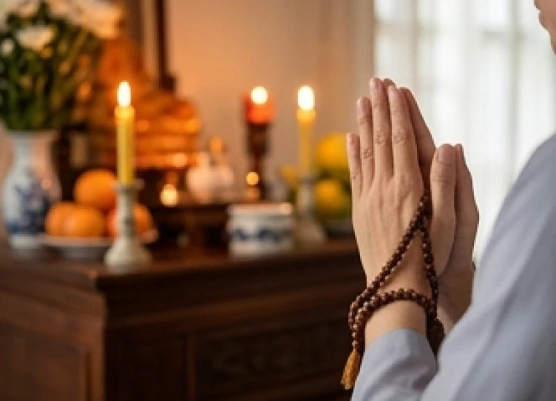 Ánh sáng ấm áp từ ban thờ tỏa ra khi gia chủ thành tâm đọc văn khấn cầu an cho gia đạo