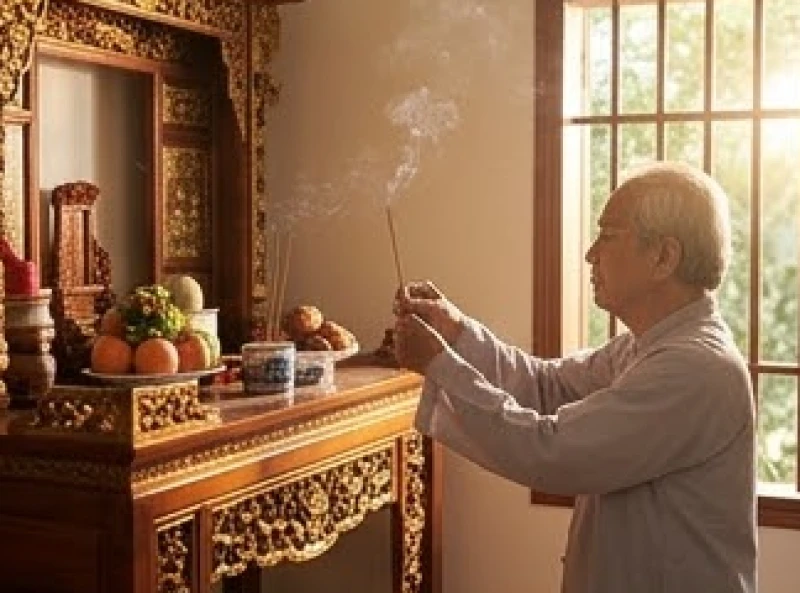 Người lớn tuổi đại diện gia đình thắp hương báo cáo và cầu an cho toàn thể con cháu trong gia đạo