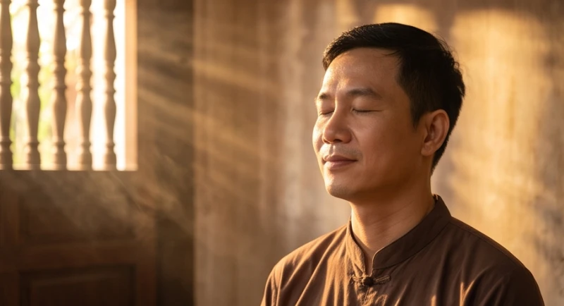Tín đồ đứng tĩnh tâm nhắm mắt cầu nguyện tại không gian yên bình của miếu