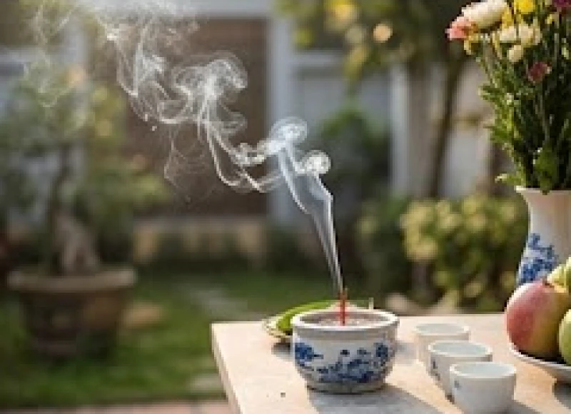 Làn khói nhang mỏng manh bay lên từ bát hương trên bàn thờ thiên trong ngày rằm thanh tịnh