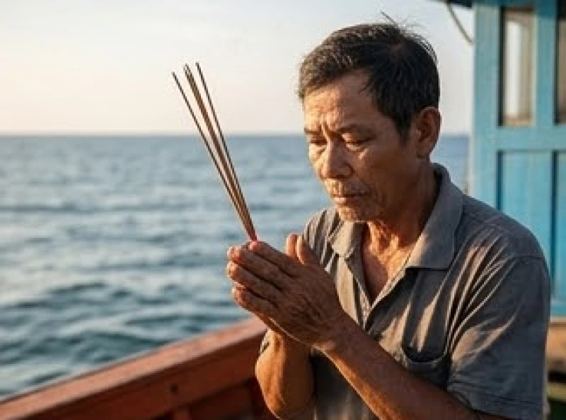 Ngư dân thành tâm thắp nhang cầu nguyện bình an và mong một chuyến đi biển trúng đậm tôm cá