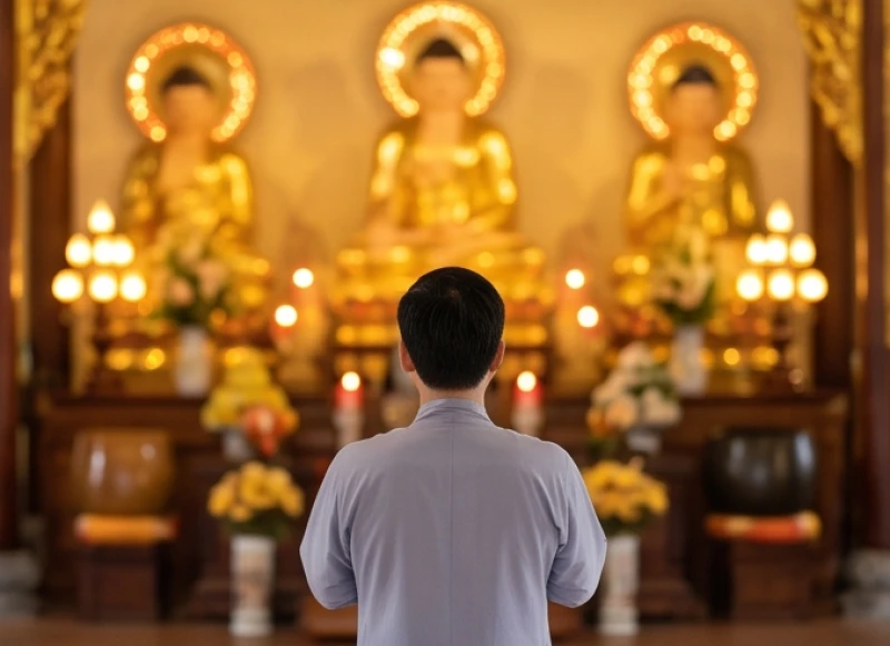 Văn khấn cầu an: Bài khấn chuẩn, cách sắm lễ và chọn ngày giờ 7 Người đi lễ thành tâm chắp tay hướng về ban Tam Bảo rực rỡ ánh đèn trong chùa