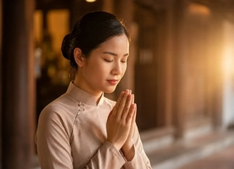 Văn khấn ngày tiệc tại Đền Tam Kỳ: Sắm lễ và bài cúng chuẩn 9 Gương mặt thanh thản và tập trung của người hành hương khi lâm râm khấn nguyện những điều tốt lành