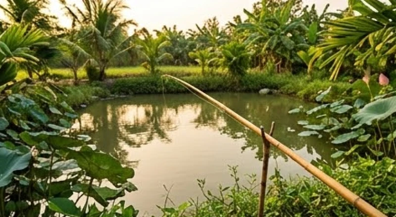 Khung cảnh bình yên của một người thả cần câu bên ao cá nhỏ được bao quanh bởi cây cối