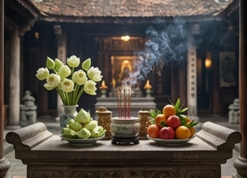Mâm lễ chay thanh tịnh dâng lên ban Bồ Tát tại khuôn viên Chùa Hương
