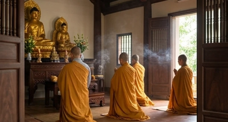 Văn khấn cúng 49 ngày chuẩn nhất: Cách sắm lễ và tính ngày giờ 2 Các nhà sư tụng kinh cầu siêu cho hương linh trong tuần thất tại không gian chánh điện thanh tịnh của ngôi chùa