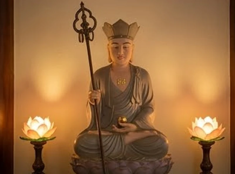 Văn khấn sám hối tại chùa: Trình tự các ban và mâm lễ chuẩn 7 Bức tượng Địa Tạng Vương Bồ Tát uy nghi tĩnh lặng tại một góc thanh tịnh trong chùa
