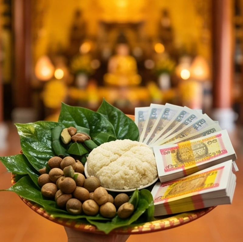 Mâm lễ cúng cầu tài lộc tươm tất với trầu cau, xôi gấc và vàng mã trong ngày đi xin lộc