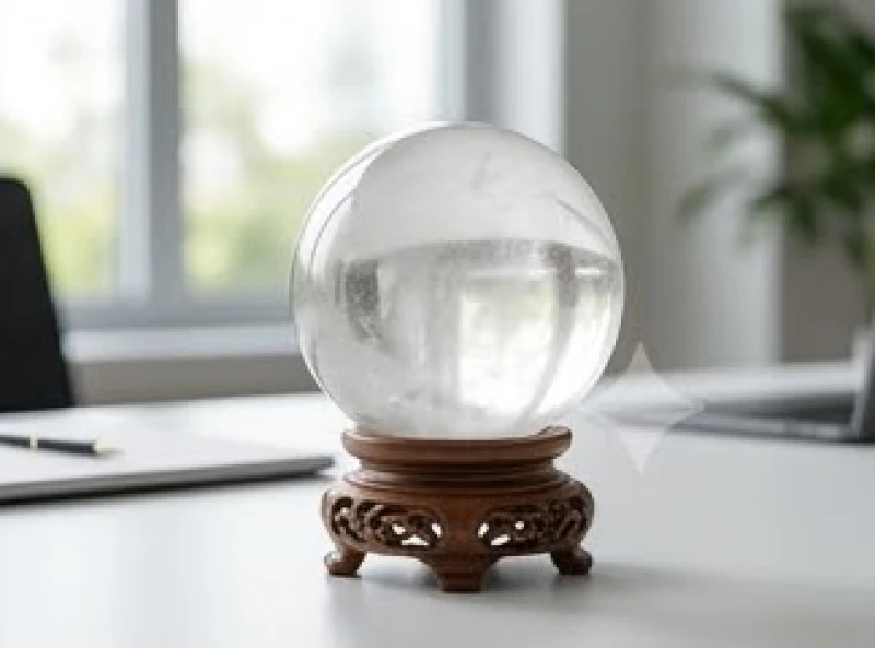 Quả cầu thạch anh trắng đặt trên đế gỗ vững chắc ở góc bàn làm việc